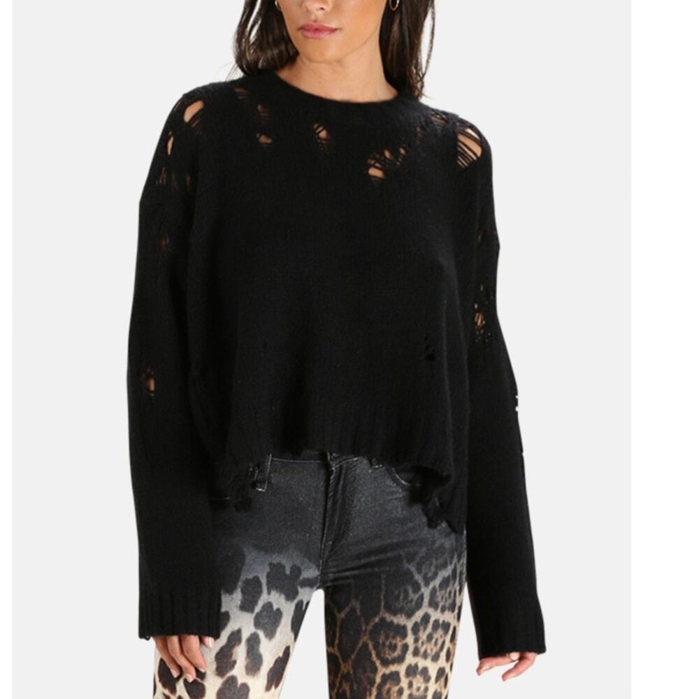 R13 Cashmere Shredded Side Slit Sweater Pullover Edgy Grunge Black Size XS